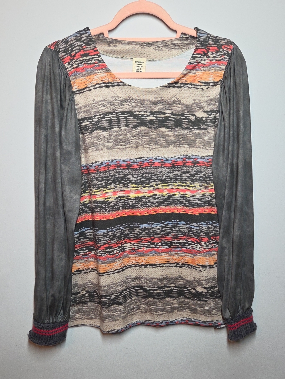 Aldo Martins Top Medium Striped Multicolor Knit Front Long-Sleeve - Gray PTP 19"